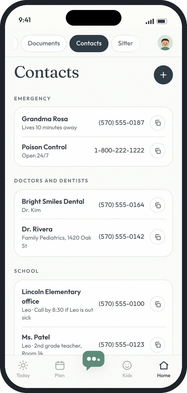 Contacts screen